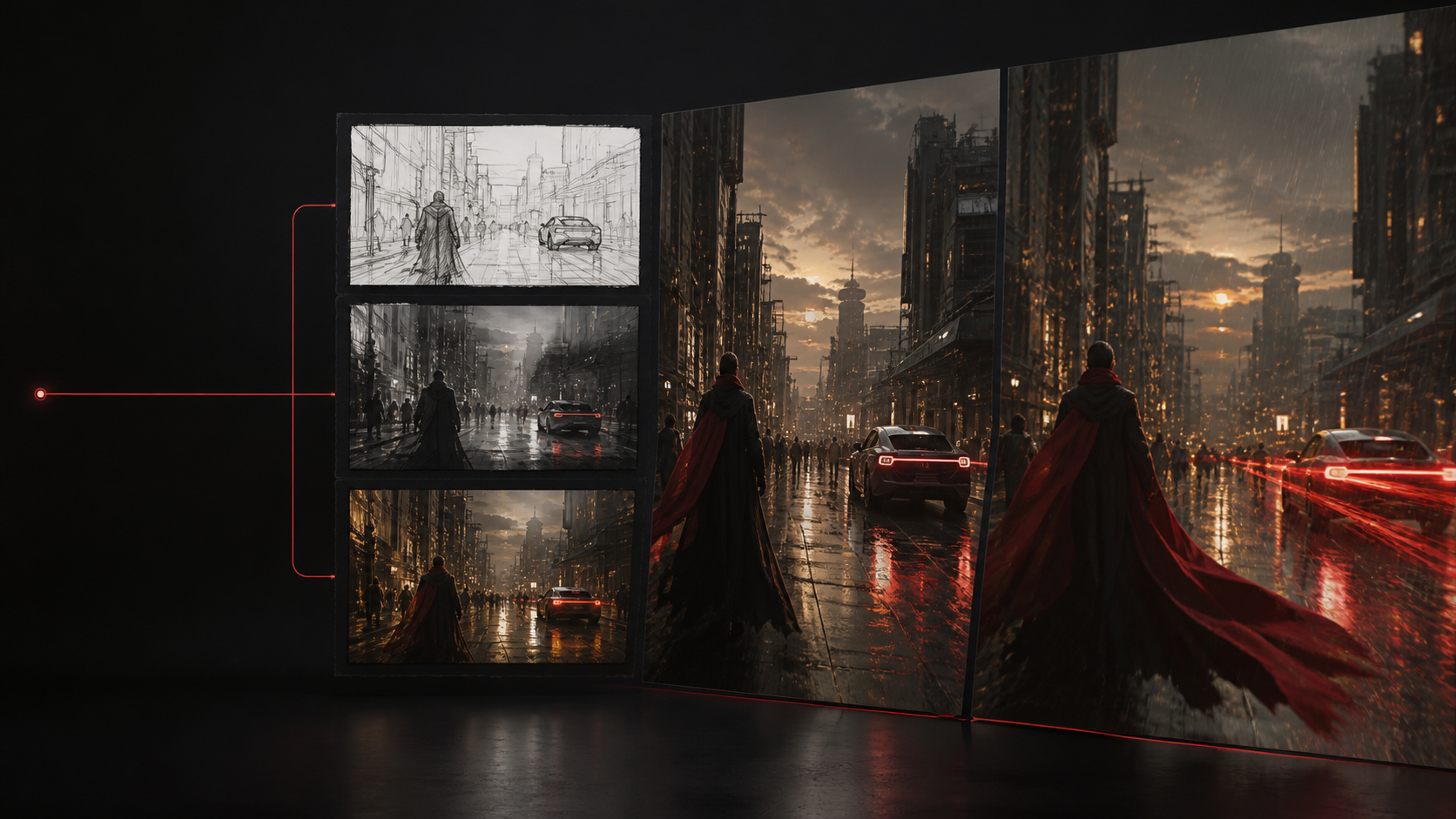 A cinematic city scene progressing from storyboard sketch to moving film frames
